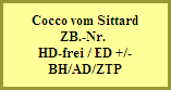 Cocco vom Sittard
ZB.-Nr. 
HD-frei / ED +/-
BH/AD/ZTP
